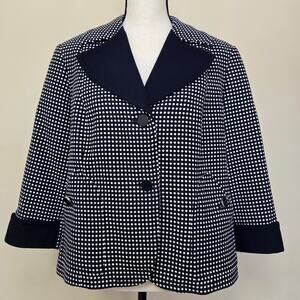 Talbots Woman Petites 14WP 3/4 Sleeve Navy White Polka Dot Blazer Jacket Lined